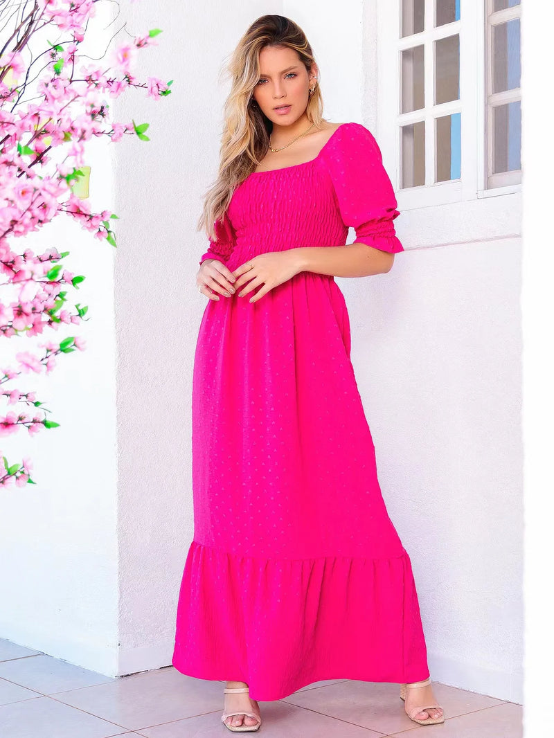 Vestido Longo Luxo Viscolinho Pipoca com Manga Bufante